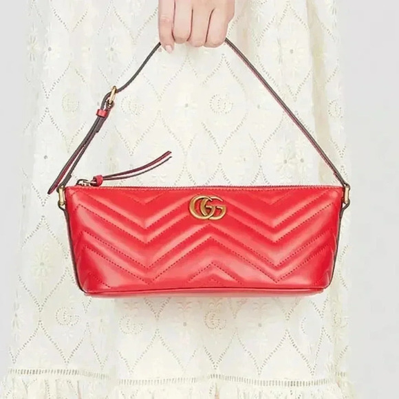 NWT GUCCI GG Marmont Small Shoulder Bag Red Matelassé Chevron Leather - Picture 3 of 11